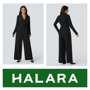 HALARA Black V Neck Long Sleeve Belted Casual Size Medium Jumpsuit